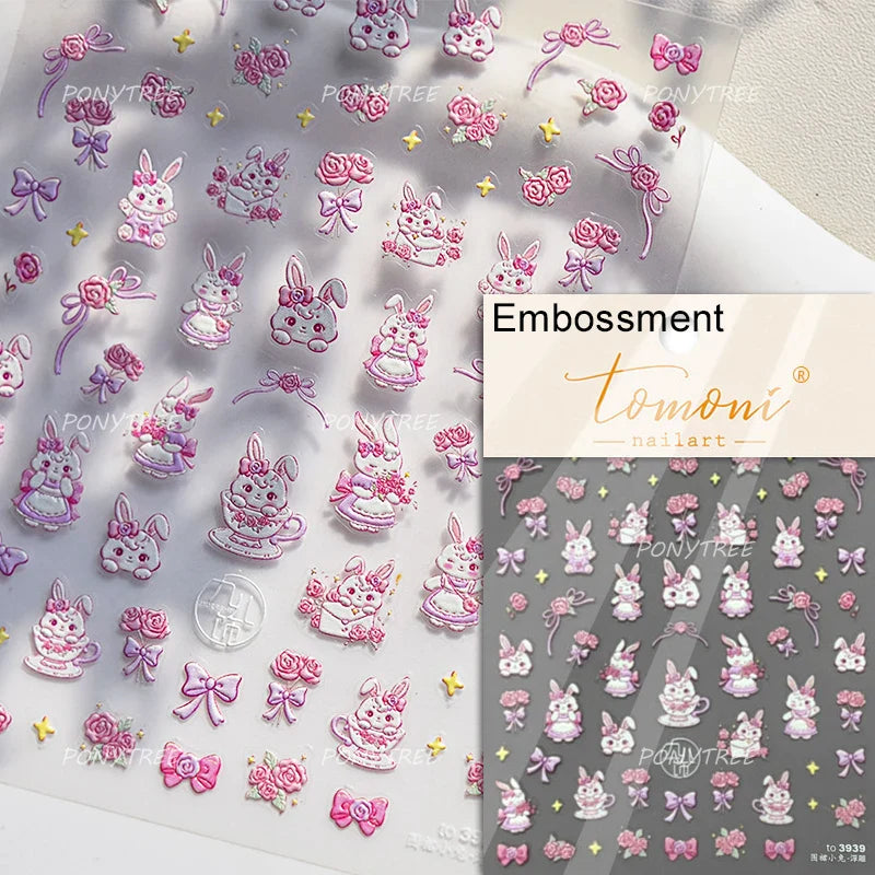 Peach Blossom Flower Yellow Rabbit Bunny Love Heart Delicate Totem 5D Self Adhesive Nail Art Stickers Rhinestone Manicure Decals (ONLINE ORDER ONLY)