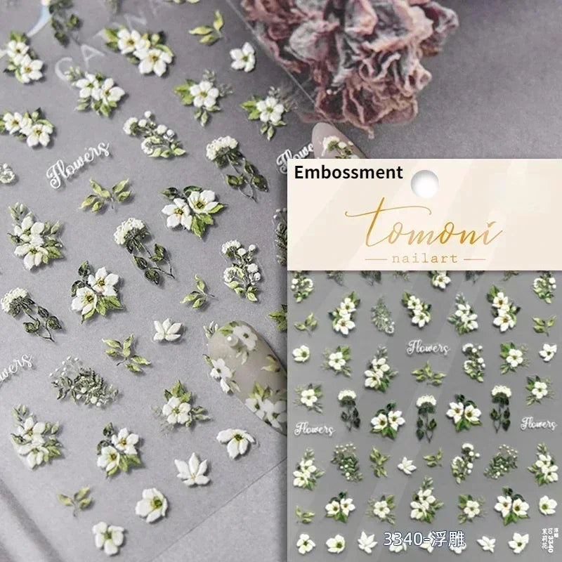 Pale Flower Bouquet Label Bowknot Stationery Sunflower Daisy Leaf 3D Self Adhesive Nail Art Stickers Rhinestone Manicure Decals (Online Order Only)