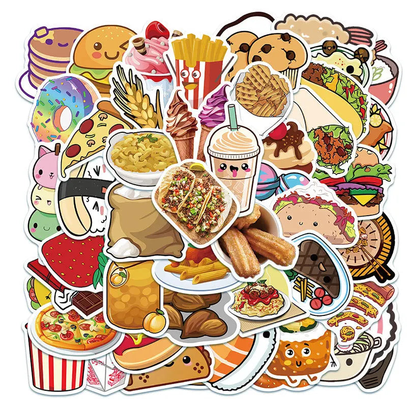 50pcs Cartoon Burger Fast Food Graffiti Stickers for Helmet, Desktop, Wall Decoration (Online Order Only)