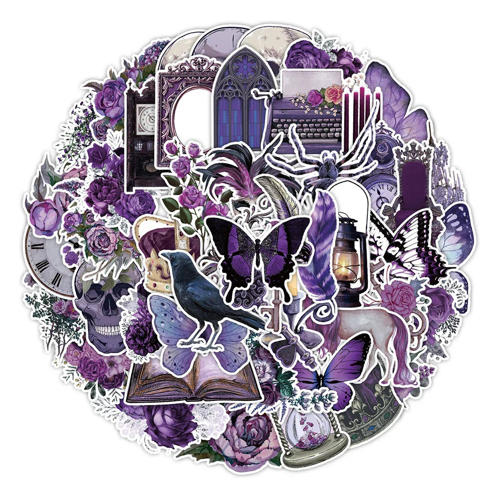 Gothic Purple Skull Flower Stickers 10/30/50pcs - Aesthetic Decals for Notebook, Phone, Suitcase, Car, Motorcycle (Online Order Only)