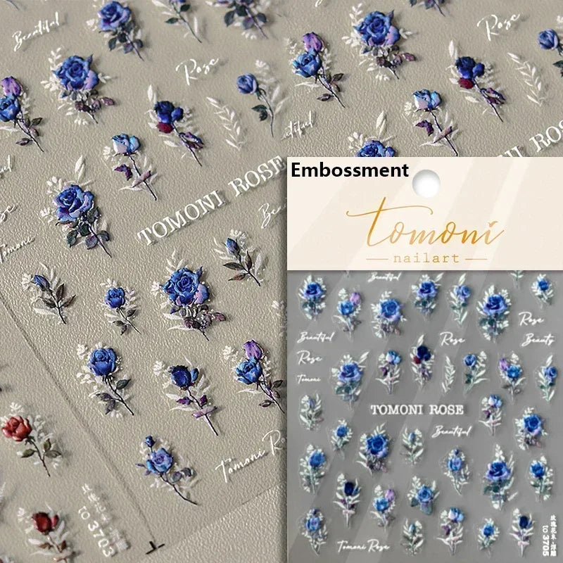 Chic Retro Rose Photo Frame Dried Flower Petal Self Adhesive Nail Art Stickers 5D Hot Stamping Relief Rhinestone Manicure Decals (Online Order Only)