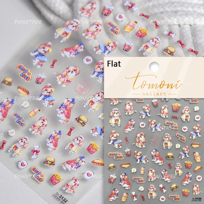 Dyeing Apple Cherry Fruit Dog Puppy Bowknot Colorful Cartoon Graffiti Reliefs Adhesive Nail Art Stickers Flowers Manicure Decals (ONLINE ORDER ONLY)