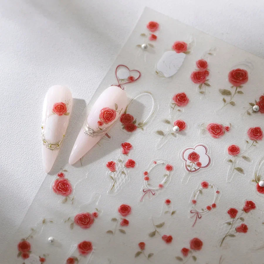 Rose Flower Bouquet Wreath Lace Green Leaves Beautiful Floret Heart Rich Adhesive Nail Art Decorations Stickers Manicure Decals (ONLINE ORDER ONLY)