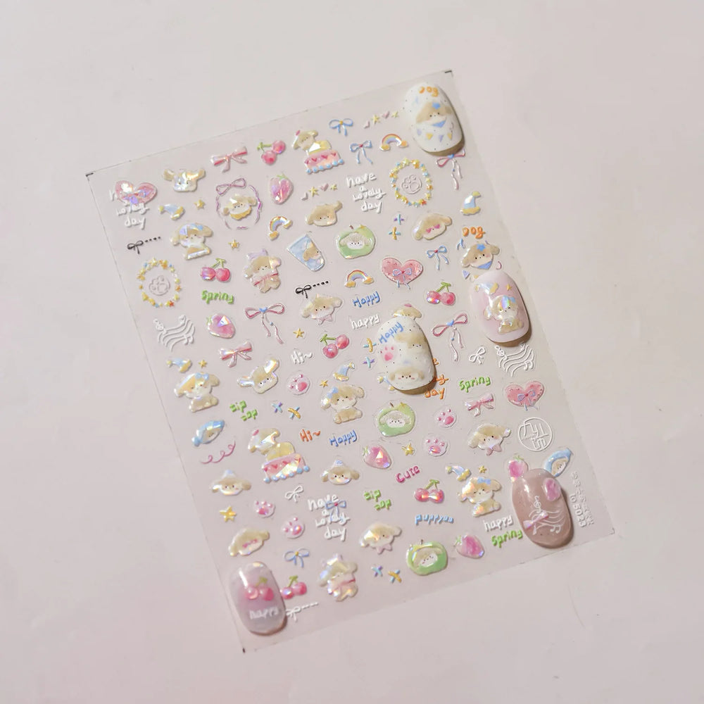 Small Animals Meeting Dog Cat Kitten Bowknot Cherry Butterfly Wreath Paw Star Hat Self Adhesive Nail Art Stickers Manicure Decal (ONLINE ORDER ONLY)