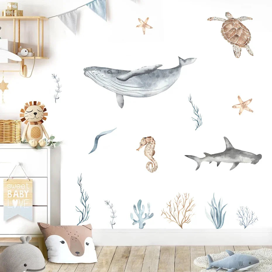 Cartoon Whale Turtle Seaweed Watercolor Wall Stickers Nursery Decor (Online Order Only)