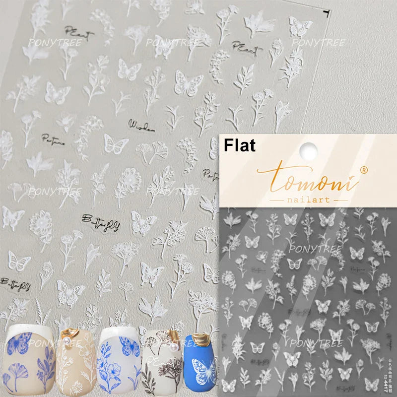 Pure White Lily Petals Flower Butterfly Branch Leaves Line Minimalist Self Adhesive Nail Art Decorations Sticker Manicure Decals (ONLINE ORDER ONLY)