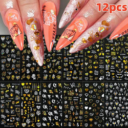 12Pcs 3D Golden Red Glitter Heart Love Nail Sticker Valentine Self Adhesive Cartoon Decal Geometry Lines Stripe Slider Manicure* (ONLINE ORDER ONLY)