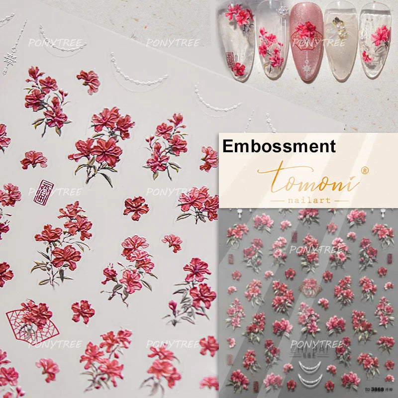 Flowers Blooming Cherry Blossom Sakura Living Peach Branch 5D Soft Relief Spring Adhesive Nail Art Sticker Chic Manicure Decals (ONLINE ORDER ONLY)