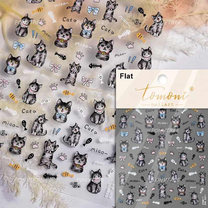 Small Animals Meeting Dog Cat Kitten Bowknot Cherry Butterfly Wreath Paw Star Hat Self Adhesive Nail Art Stickers Manicure Decal (ONLINE ORDER ONLY)