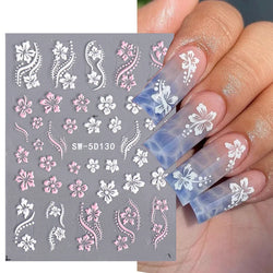 5D Hibiscus Flower Nail Embossed Sticker Acrylic White Pink Petal Leaf Adhesive Decal Butterfly Dragon Floral Elegant Decor Foil (Online Order Only)