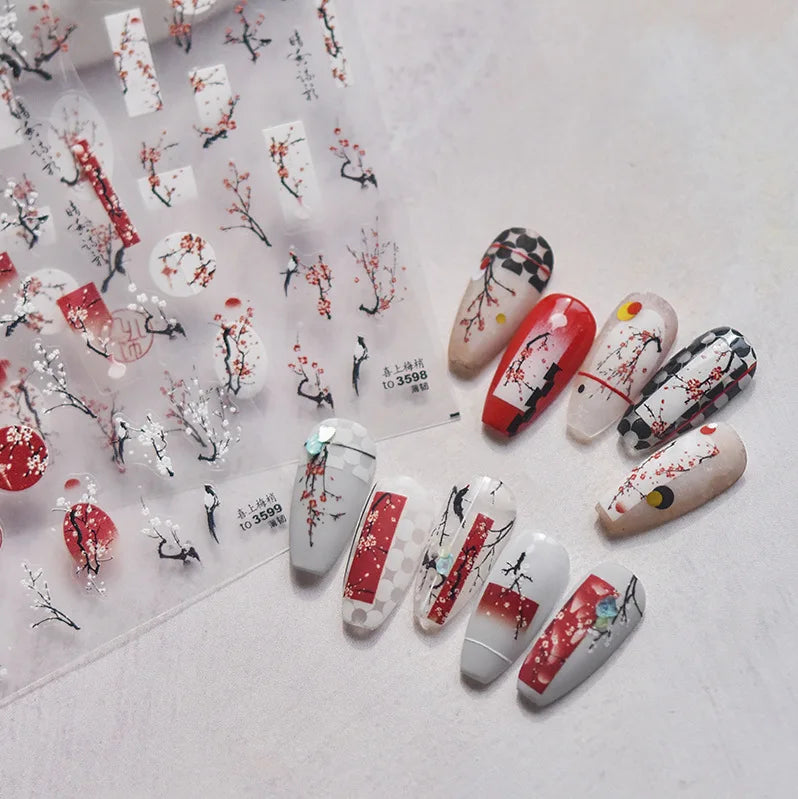 Red Plum Blossom Flower Chinese 3D Self Adhesive Nail Art Decoration Stickers Cheongsam Iris Lily Lotus Vase 5D Manicure Decals (ONLINE ORDER ONLY)