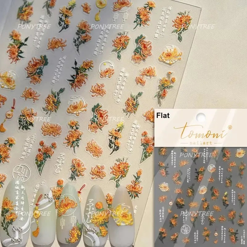 Pink Chrysanthemum Flower Gradient Halo Dyeing Ancient 5D Soft Embossed Relief Adhesive Nail Art Sticker 3D Charm Manicure Decal (Online Order Only)