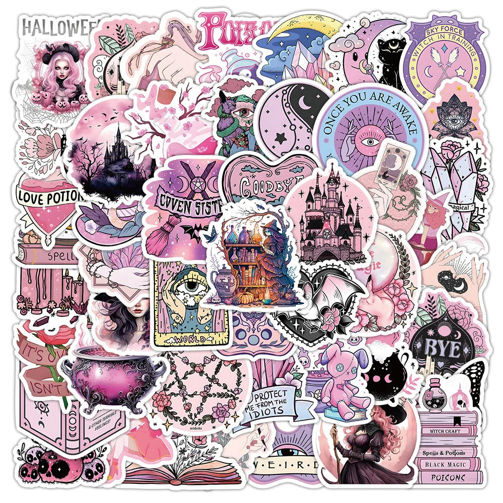 Gothic Witch Pink Stickers 10/30/50pcs Waterproof Decals for Laptop Phone Luggage Car (ONLINE ORDER ONLY)