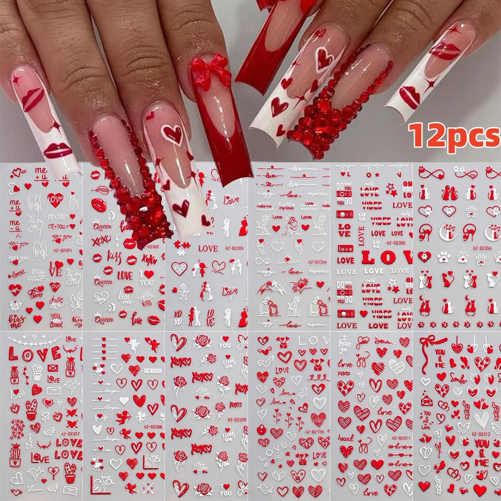 12Pcs 3D Golden Red Glitter Heart Love Nail Sticker Valentine Self Adhesive Cartoon Decal Geometry Lines Stripe Slider Manicure* (ONLINE ORDER ONLY)