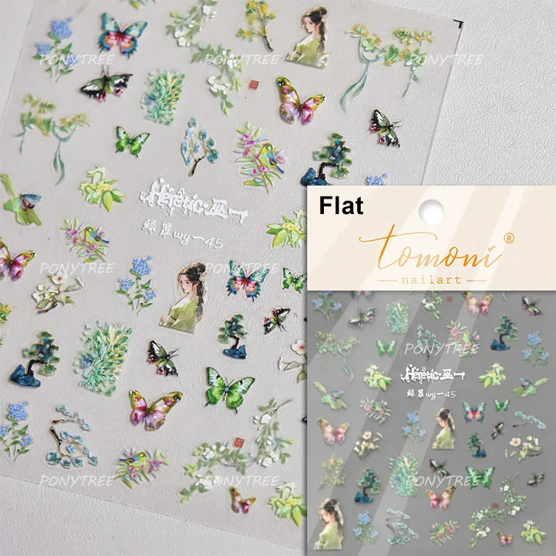 Pink Purple Orchid Hibiscus Rosa-sinensis Flower Butterfly Antique Lattice Window Adhesive Nail Art Stickers  Manicure Decals (Online Order Only)