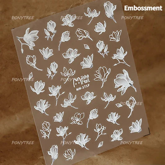 Translucent White White Pink Magnolia Rose Flower Floral Soft Embossed Relief Adhesive Nail Art Stickers Chic 3D Manicure Decals (ONLINE ORDER ONLY)