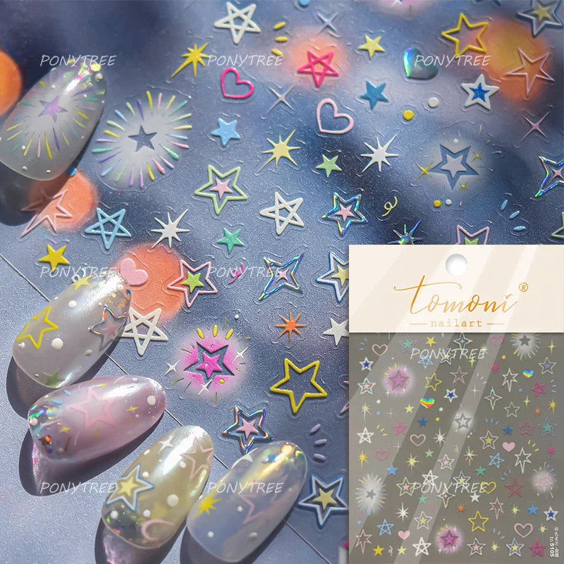Colorful Starry Light Starburst Love Heart Halo Dyeing Soft Reliefs Self Adhesive Nail Art Decoration Stickers Manicure Decals (ONLINE ORDER ONLY)