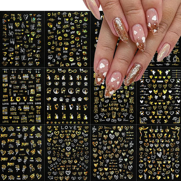 12pcs 3D Golden Glitter Heart Love Nail Stickers Valentine Self Adhesive Cute Cartoon Decal Geometry Slider Manicure Decoration* (ONLINE ORDER ONLY)