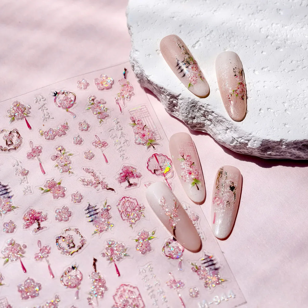 Romantic Pink Peach Blossom Tower Circular Fan Hollowed Window Tassel Pendant Antique Tree Chic Nail Art Stickers Manicure Decal (ONLINE ORDER ONLY)