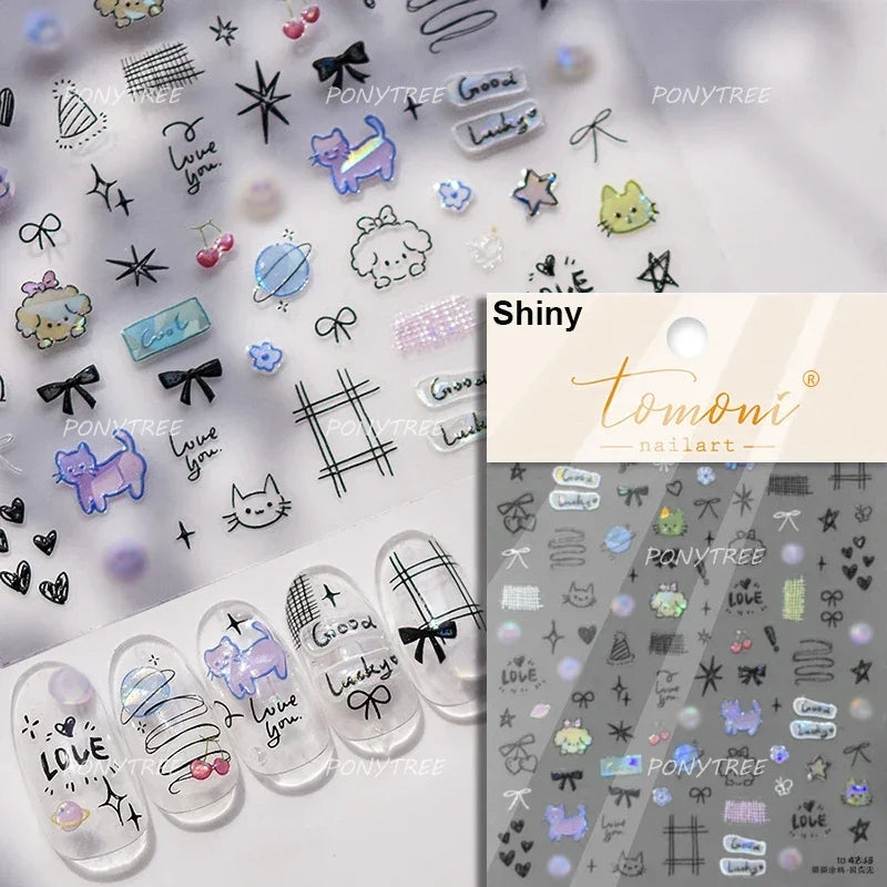 Small Animals Meeting Dog Cat Kitten Bowknot Cherry Butterfly Wreath Paw Star Hat Self Adhesive Nail Art Stickers Manicure Decal (ONLINE ORDER ONLY)