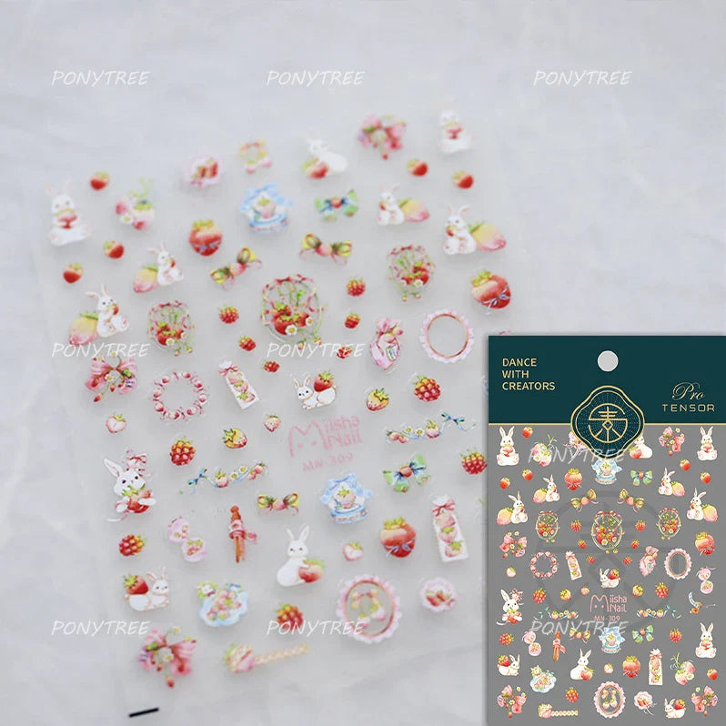 Cute White Rabbit Bunny Strawberry Flower Pudding Star Bowknot Fruit Delicate Adhesive Nail Art Sticker Charming Manicure Decal (Online Order Only)