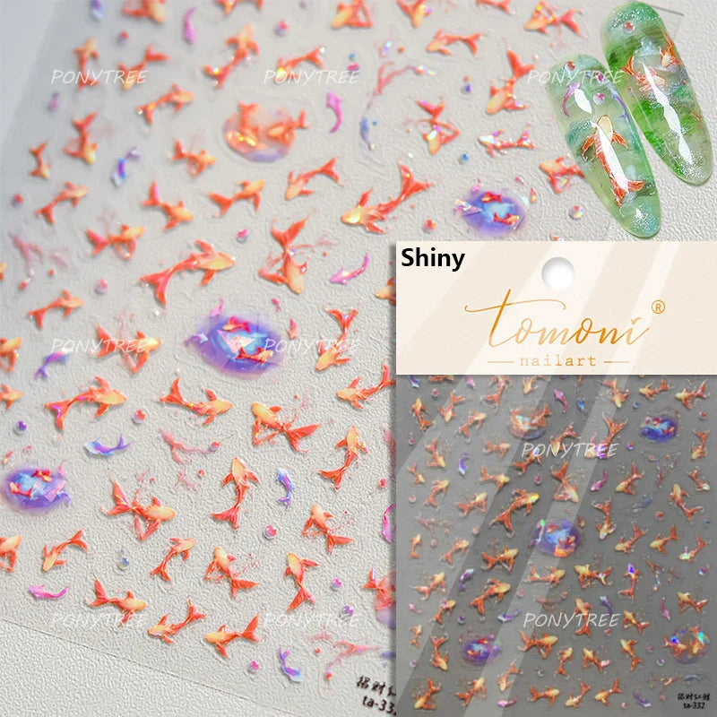 Lotus Leaf Brocaded Carp Koi Playing Goldfish Cavort Ripple Droplet Water Bubbles Self Adhesive Nail Art Stickers Manicure Decal (Online Order Only)