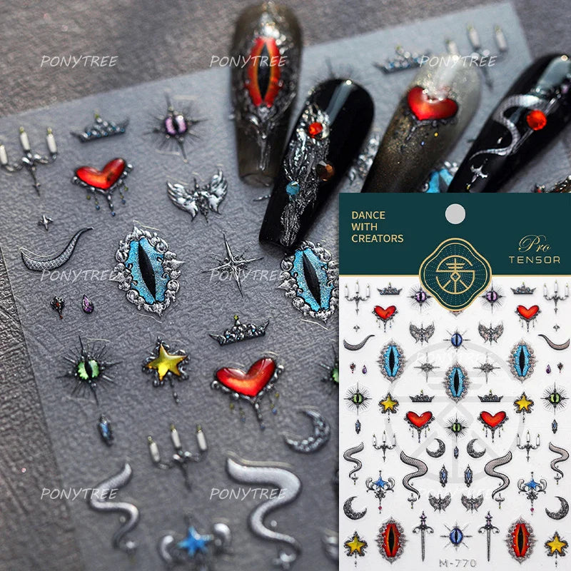 Glitter Star Snake Moon Darkness Eye Love Heart Crown Sword Self Adhesive Nail Art Stickers Punk Jelly Angel Wing Manicure Decal (ONLINE ORDER ONLY)