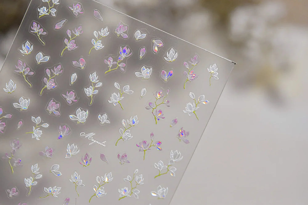 Translucent White White Pink Magnolia Rose Flower Floral Soft Embossed Relief Adhesive Nail Art Stickers Chic 3D Manicure Decals (ONLINE ORDER ONLY)