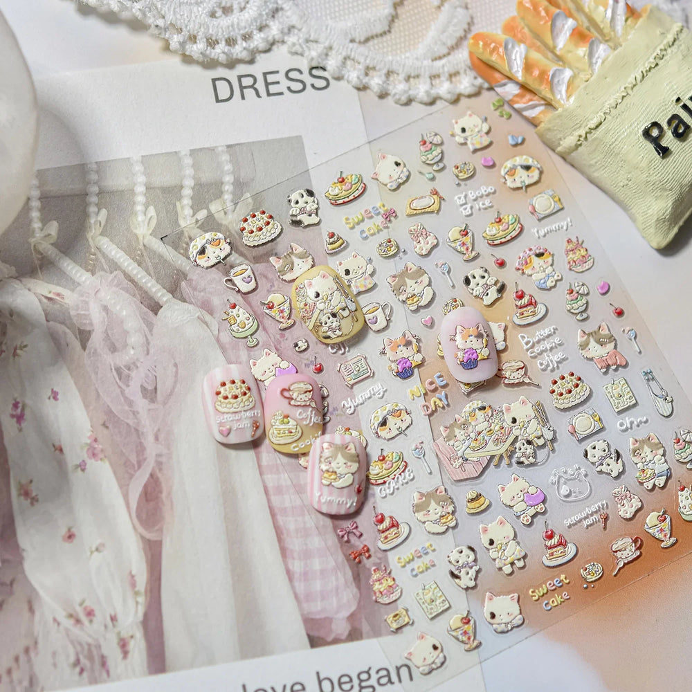 Cute Cat Cherry Sweet Cake Dog Butter Cookie Coffee Strawberry Jam Ice Cream Adhesive Nail Art Decoration Sticker Manicure Decal (Online Order Only)