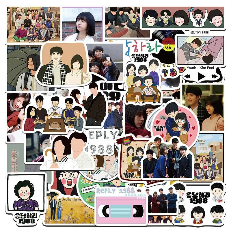 50pcs Reply 1988 Cartoon Stickers for Suitcase, Water Cup, Stationery, Car, Phone, Notebook, Refrigerator Decor (ONLINE ORDER ONLY)