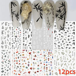 12Pcs 3D Golden Red Glitter Heart Love Nail Sticker Valentine Self Adhesive Cartoon Decal Geometry Lines Stripe Slider Manicure* (ONLINE ORDER ONLY)
