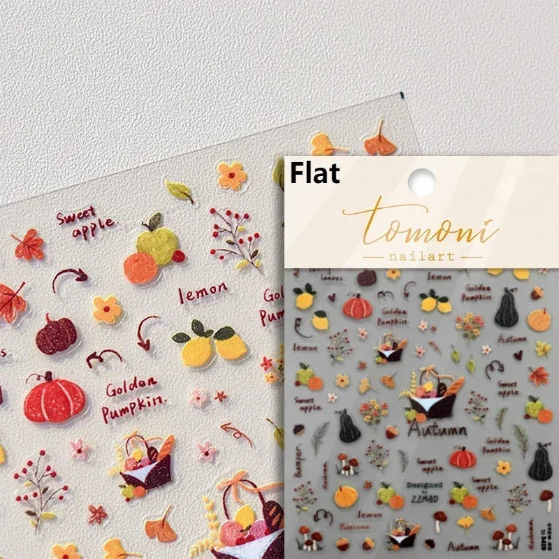 Autumn Fall Maple Leaves Ginkgo Leaf Osmanthus Chrysanthemums Rabbit Bunny Plant Flower Relief Nail Art Sticker Decoration Decal (ONLINE ORDER ONLY)