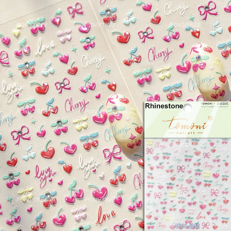 Lovely Green Pink Cherry Pudding Claw Paw Love Heart Bowknot Soft Embossed Reliefs Adhesive Nail Art Stickers Manicure Decals (ONLINE ORDER ONLY)