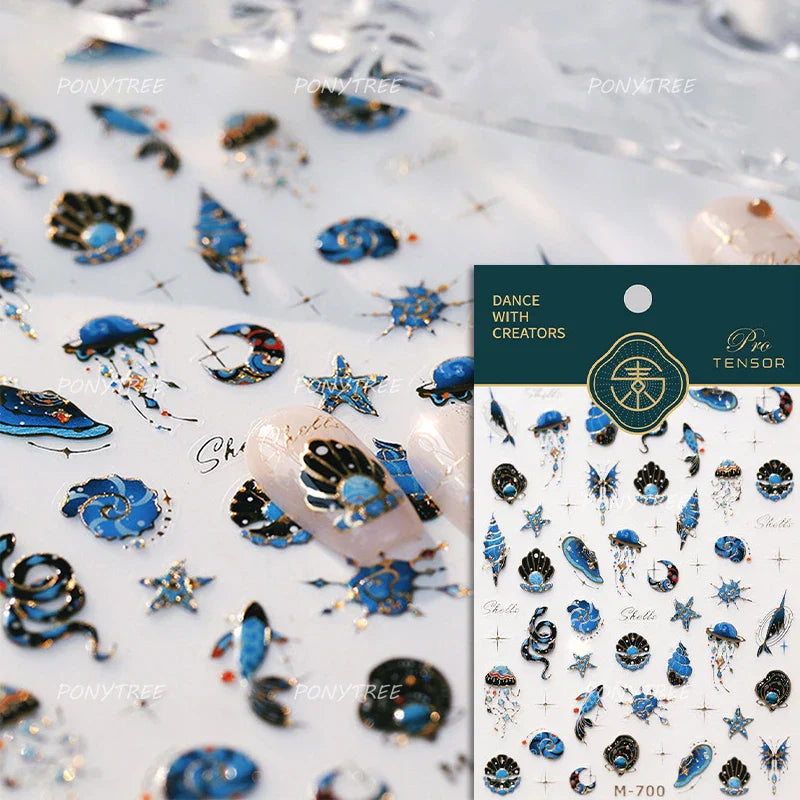 Marine Shell Starfish Ocean Elements Pearl Star Fishing Net Colourful Underwater Organisms 5D Nail Art Stickers Manicure Decals (Online Order Only)