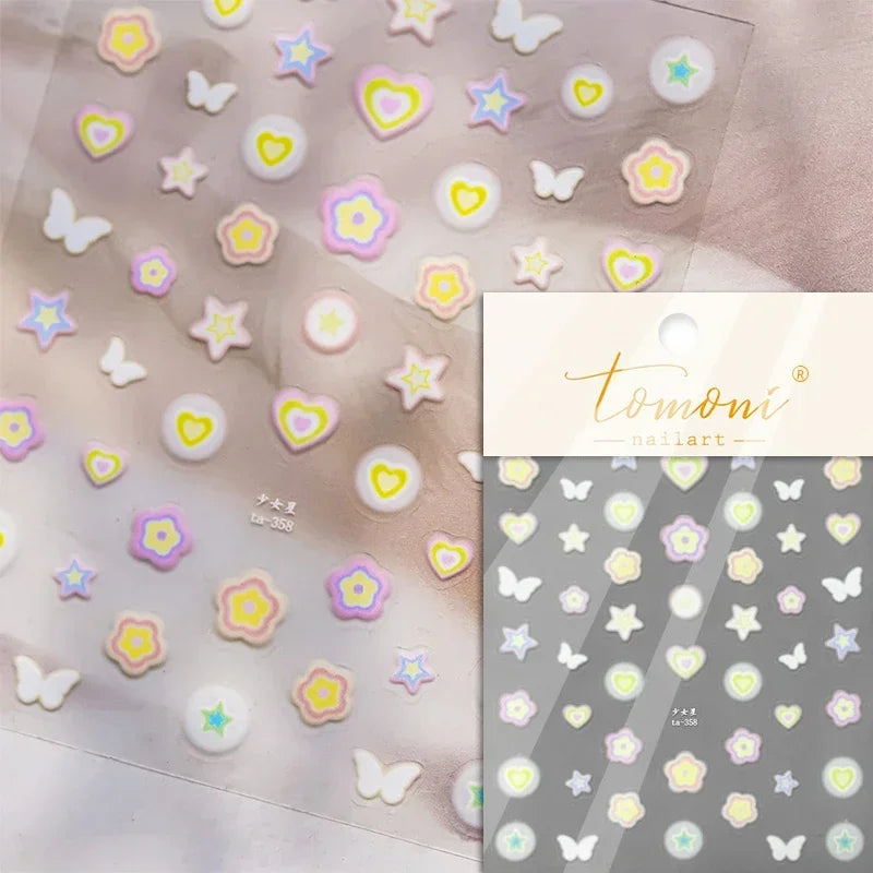 Colored Crystal Star Love Heart Shiny Silver Hollowed Smudging Rainbow Flower Jelly Embossed Nail Art Stickers Manicure Decals (ONLINE ORDER ONLY)