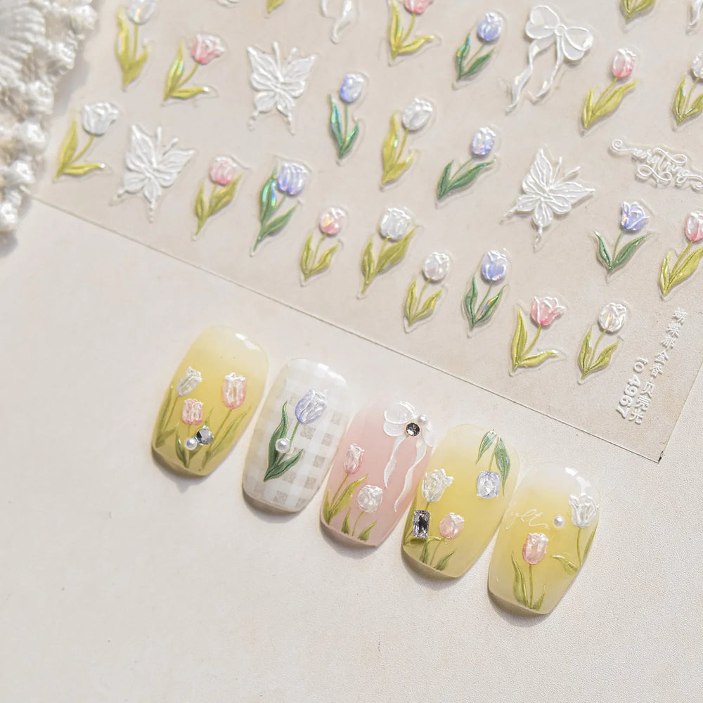 Dreamy White Lace Bowknot Purple Pink Gradual Tulip Flower Butterfly Garden Relief Adhesive Nail Art Stickers Manicure Decals (Online Order Only)