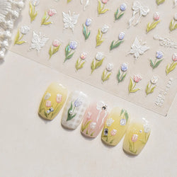 Dreamy White Lace Bowknot Purple Pink Gradual Tulip Flower Butterfly Garden Relief Adhesive Nail Art Stickers Manicure Decals (Online Order Only)