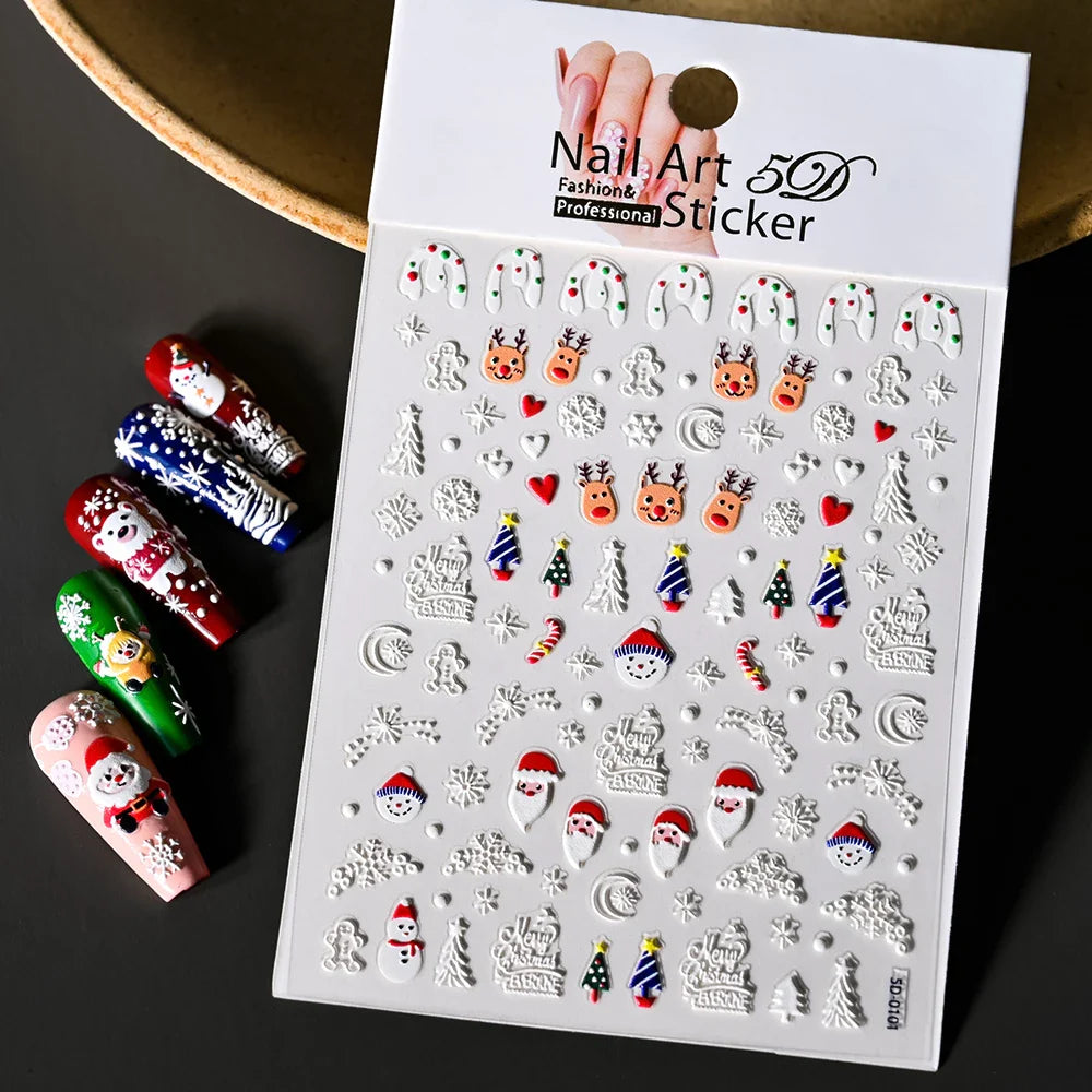 Cute Deer Christmas Nail Stickers 5D Embossed Elk Star Gingerbread Man Snowflake Santa Claus Holly DIY Winter Engraved Manicure* (ONLINE ORDER ONLY)