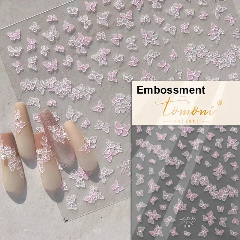 Charming Beautiful Black White Small Butterfly Flower Petal Love Heart Bowknot 5D Self Adhesive Nail Art Sticker Manicure Decals (Online Order Only)