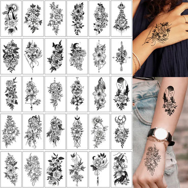 30Pcs Black Flower Tattoo Stickers Butterfly Rose Moon Star Small Temporary Tattoos Mandala Fake Tattoo for Hand Body Chest (Online Order Only)