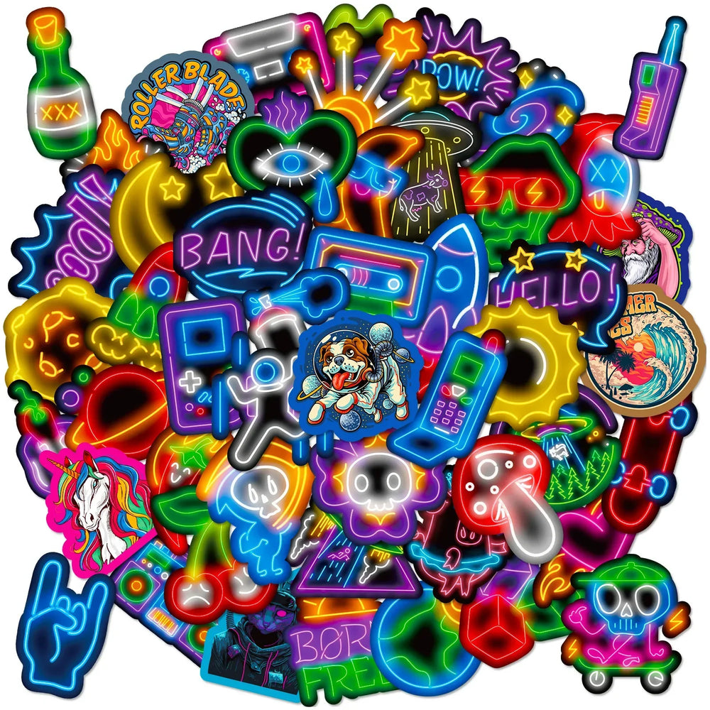 Mixed Neon Light Cartoon Stickers for Phone Laptop Guitar Helmet Luggage Skateboard Car DIY (Online Order Only)