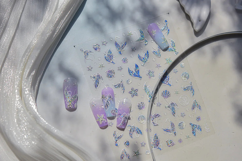 Romantic Mermaid Tail Water Bubbles Seahorse Shell Starfish Coral Pearl Pendant Self Adhesive Nail Art Stickers Manicure Decals (Online Order Only)