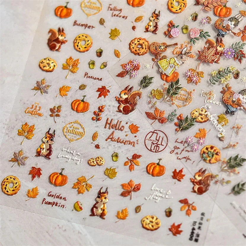 Autumn Fall Sunflower Rabbit Leaves Crane Rose Sun Mountain Hill Produce Good Harvests Cookie Nail Art Sticker Decoration Decals (ONLINE ORDER ONLY)