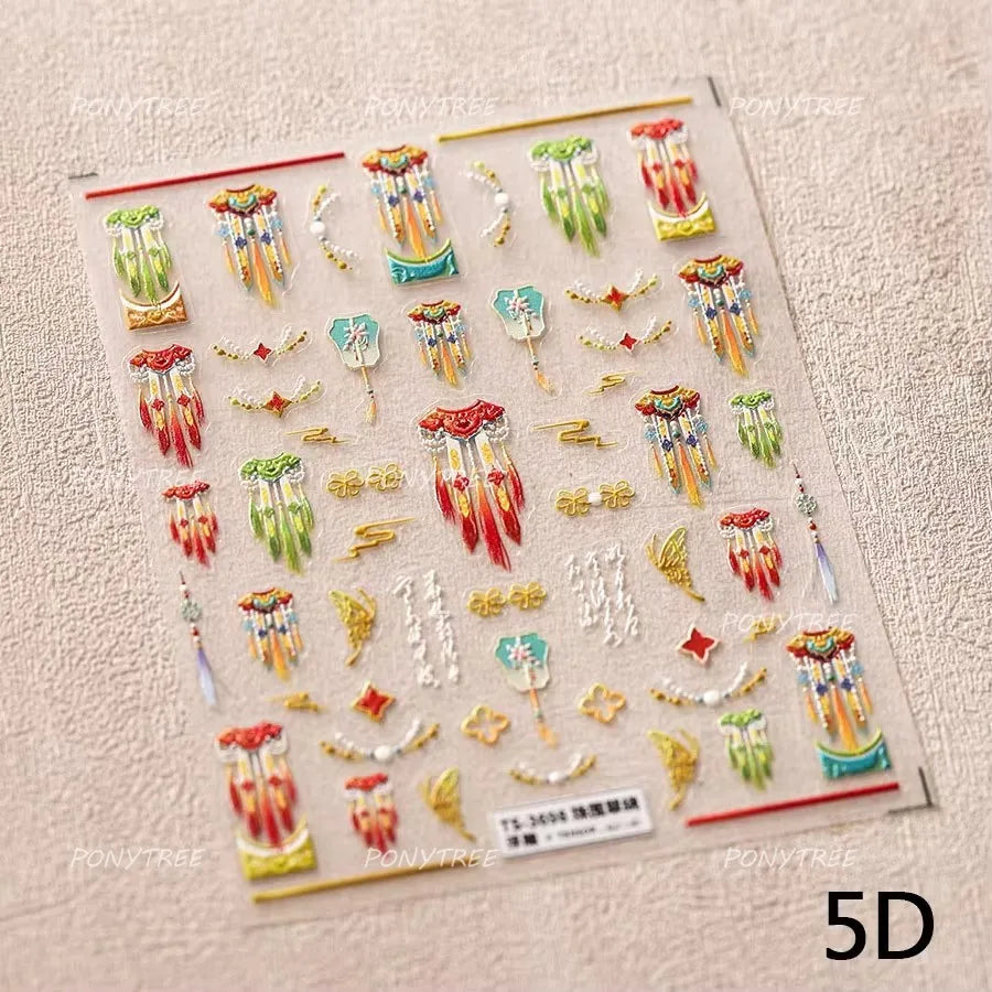 Embroidery Yunjin Brocade Tassels Bowknot Butterfly Flower Rose Camellia Adhesive Nail Art Stickers Rhinestone Manicure Decals (Online Order Only)