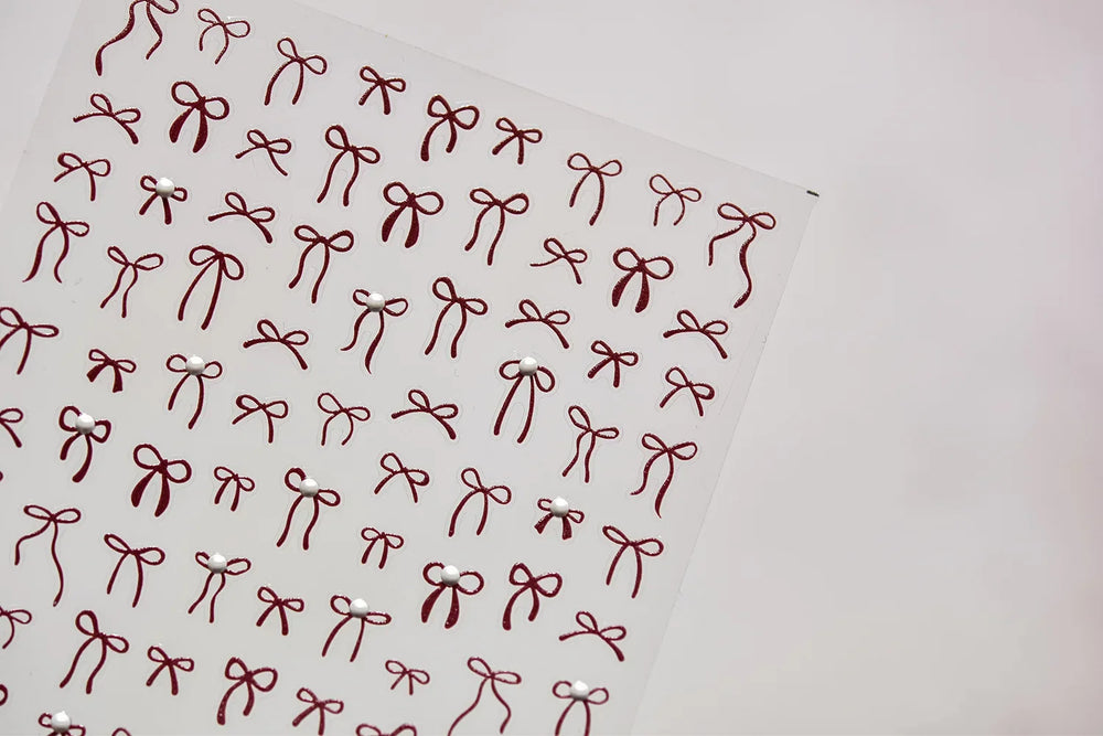 Chic Red Bowknot Silk Ribbon Pearl Elegant Line Self Adhesive Nail Art Stickers Dressy Rhinestone Manicure Decals Nail Supplies (Online Order Only)