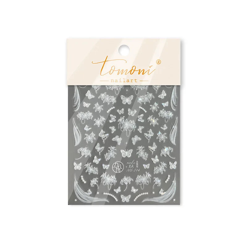 Cute 3D White Rose Flower Lace Bud Silk Bowknot Butterfly Dreamy Shiny Relief Chic Self Adhesive Nail Art Sticker Manicure Decal (ONLINE ORDER ONLY)