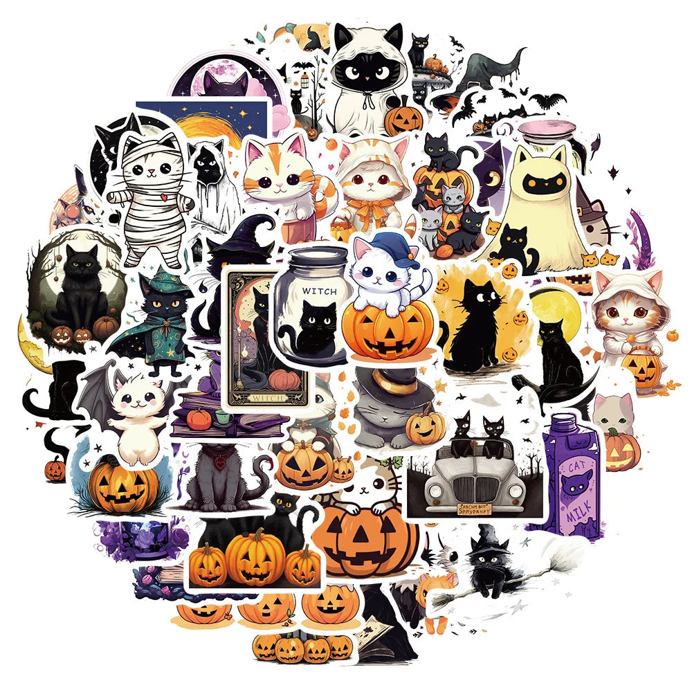 Halloween Black Cat Pumpkin Stickers - Waterproof PVC for Car, Phone, Luggage, Guitar, Laptop (10/30/50PCS) (ONLINE ORDER ONLY)