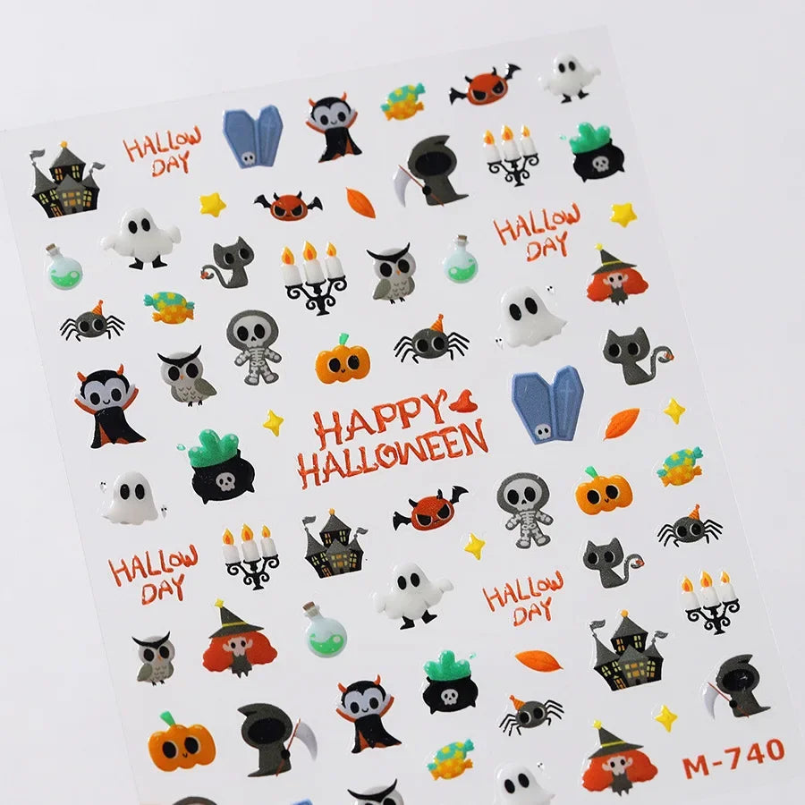 Halloween Ghost Pumpkin Bat Coffin Cat Spider Demon Jelly Self Adhesive Nail Art Sticker Terrifying Candy Candle Manicure Decals (ONLINE ORDER ONLY)