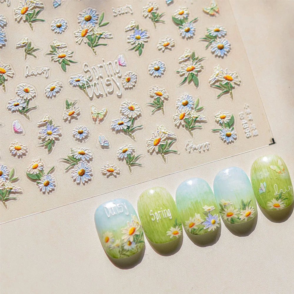 Rural Style White Daisy Flower Butterfly Small Wildflowers 5D Soft Embossed Relief Adhesive Nail Art Stickers 3D Manicure Decals (ONLINE ORDER ONLY)