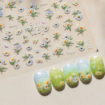 Rural Style White Daisy Flower Butterfly Small Wildflowers 5D Soft Embossed Relief Adhesive Nail Art Stickers 3D Manicure Decals (ONLINE ORDER ONLY)